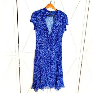 ❤️ MSK sz 10 Fit and Flare Dress Blue Watercolor Ruffle Neckline (Unlined) NWOT